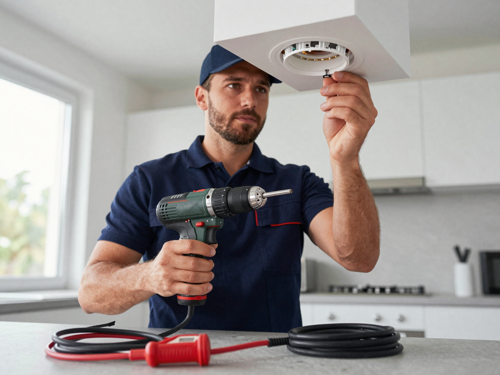 Electrician installing recessed light fixture in modern kitchen