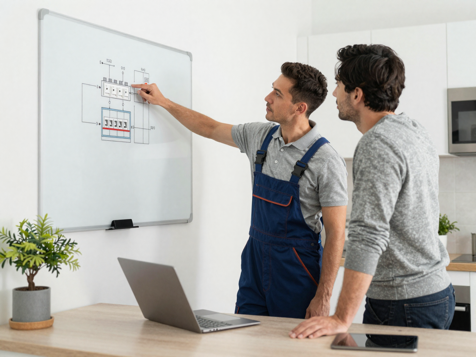Residential electrician consulting with homeowner reviewing electrical diagram